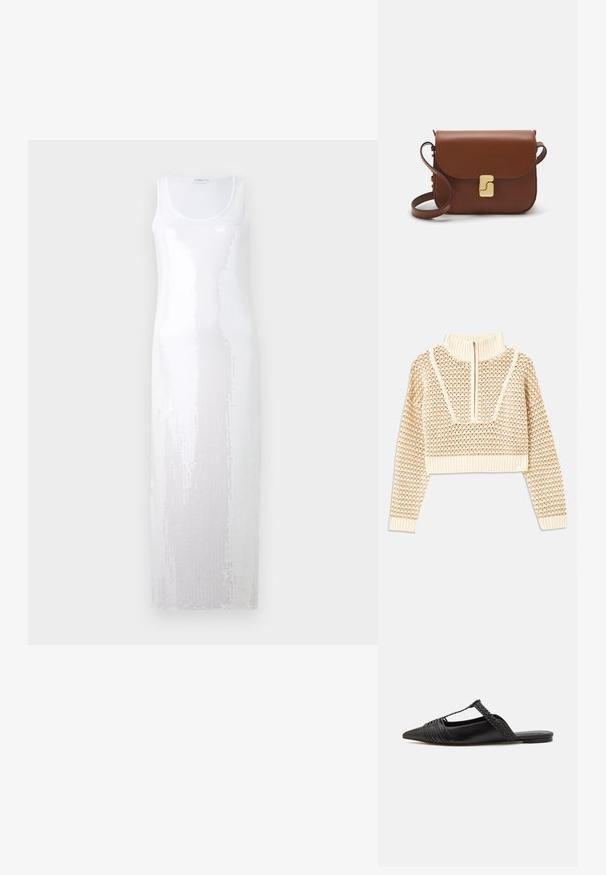 Ljusbeige kortad tröja med dragkedja i mock neck, med ett strukturerat mönster samt ribbade mudd och nederkant. Kombinerar stickade och vävda material.; Lång vit ärmlös klänning med rundad halsringning, som har ett texturerat mönster med paljetter som skapar en glittrande effekt.; Svart läderslingback-sko med spetsig tå, med en vävd detalj och plisserad överdel. Platt sula med minimal hårdvara.; Brun läderhandväska med klaffstängning, guldfärgad hårdvara, axelrem och en slät yta. Kompakt rektangulär form.