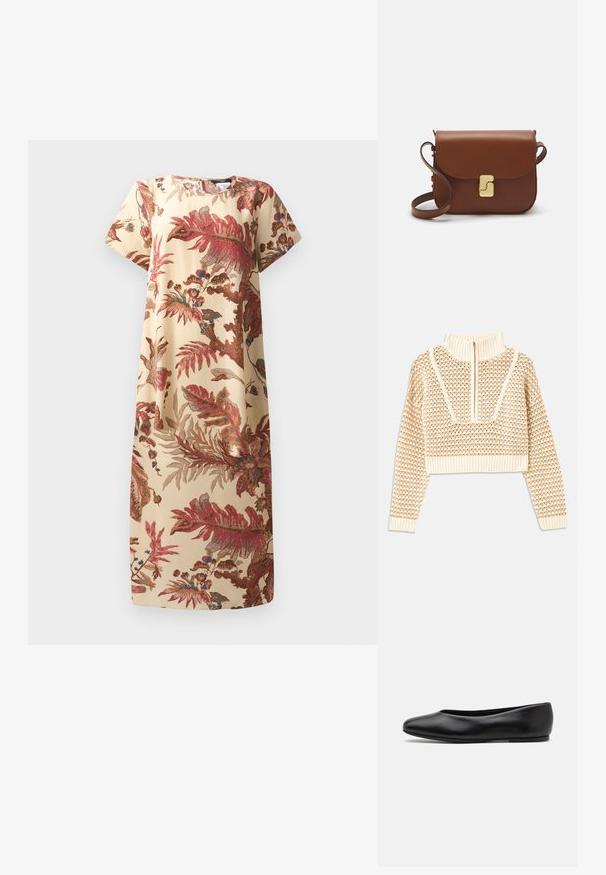 Helles, beigefarbenes, kurzes Sweatshirt mit einem Reißverschlusskragen, das ein strukturiertes Muster sowie gerippte Bündchen und Saum aufweist. Kombiniert Strick- und Webmaterialien.; Blumenmusterkleid in Beige mit roten und blauen botanischen Mustern; kurze Ärmel, lockerer Schnitt, weicher Stoff, knielanger Schnitt, runder Ausschnitt.; Paul Smith TOPANGA - Klassischer Ballerina - black; Braune Ledertasche mit Klappenverschluss, Beschlägen in Goldfarbe, einem Schultergurt und einer glatten Oberfläche. Kompakte rechteckige Form.