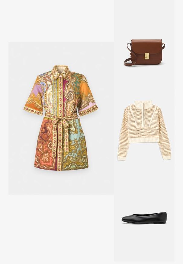 Jasnobeżowy krótki sweter z zapięciem na zamek błyskawiczny przy kołnierzu w stylu stójki, z teksturowanym wzorem oraz prążkowanymi mankietami i dołem. Łączy materiały dziane i tkane.; Sukienka koszulowa z krótkimi rękawami i paskiem, w kolorowe wzory paisley i kwiatowe w odcieniach pomarańczowym, fioletowym, turkusowym i złotym.; Paul Smith TOPANGA czarny; Brązowa skórzana torebka na ramię z klapką, złotymi detalami, paskiem na ramię i gładką teksturą. Kompaktowy prostokątny kształt.