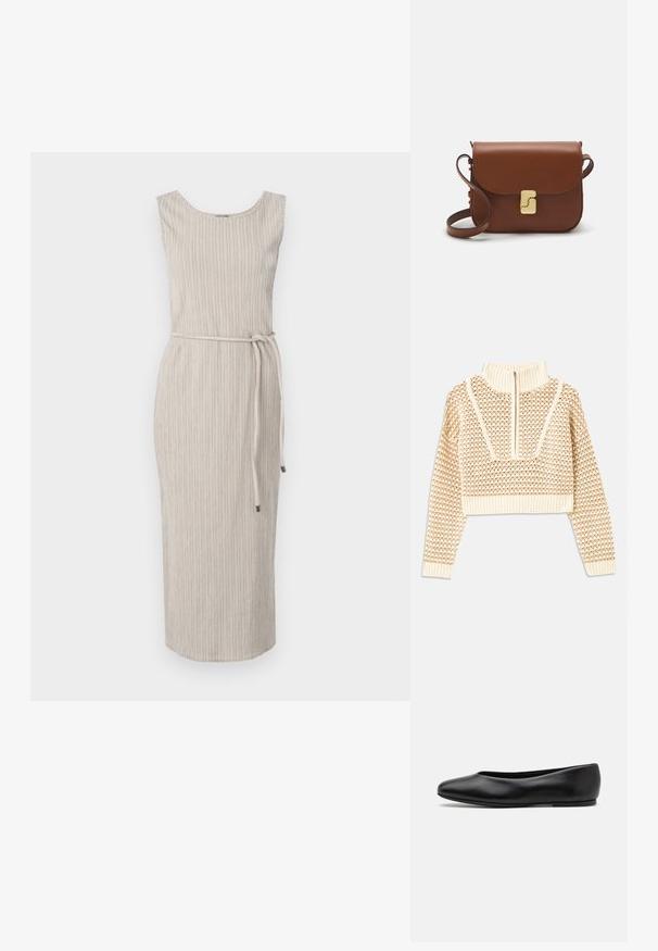 Pulover scurt de culoare bej deschis, cu guler tip mock cu fermoar, având un model texturat și manșete și tiv coagulate. Combină materiale tricotate și țesute.; Rochie bej, fără mâneci, cu decolteu rotund, dungi texturate verticale și o curea asortată la talie. Lungime până la jumătatea gambei.; Paul Smith TOPANGA - Balerini - black; Geantă de piele maro cu închidere tip capac, accesorii de culoare aurie, curea de umăr și o textură netedă. Formă compactă și rectangulară.