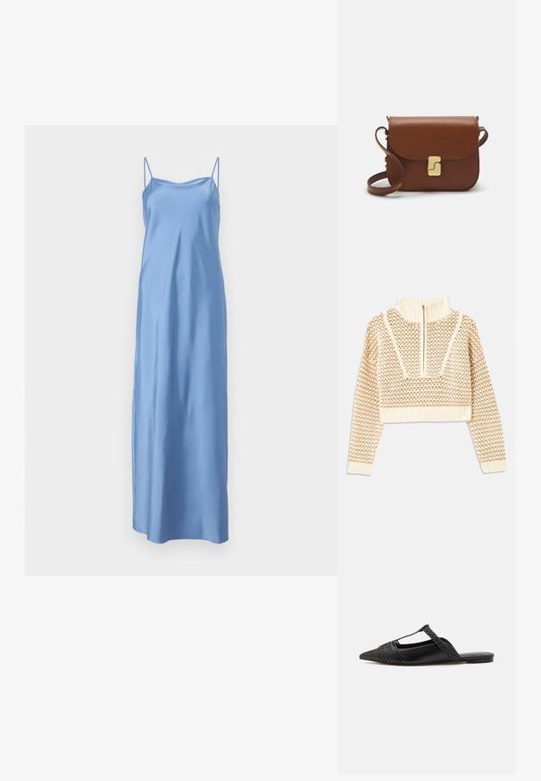 Világos bézs cropped pulóver, cipzáras álló gallérral, mely texturált mintával és bordás mandzsettával, valamint szegéllyel rendelkezik. A kötött és szőtt anyagok kombinációja.; Kék selyem maxi ruha vékony spagetti pántokkal, sima textúrával és egyenes sziluettel, amelyet folyékony illeszkedéshez terveztek.; Fekete bőr slingback cipő hegyes orral, szőtt díszítéssel és redőzött felső dizájnnal. Lapos talp minimális hardverrel.; Barna bőr kézitáska, hajtókás zárással, arany színű fém kiegészítőkkel, vállpánttal és sima felülettel. Kompakt téglalap alakú.