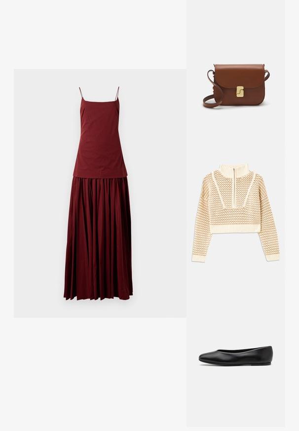 Jasnobeżowy krótki sweter z zapięciem na zamek błyskawiczny przy kołnierzu w stylu stójki, z teksturowanym wzorem oraz prążkowanymi mankietami i dołem. Łączy materiały dziane i tkane.; Bezramienna burgundowa sukienka z dopasowaną górą i zwiewną, plisowaną spódnicą. Wykonana z lekkiego materiału, z cienkimi ramiączkami.; Paul Smith TOPANGA czarny; Brązowa skórzana torebka na ramię z klapką, złotymi detalami, paskiem na ramię i gładką teksturą. Kompaktowy prostokątny kształt.