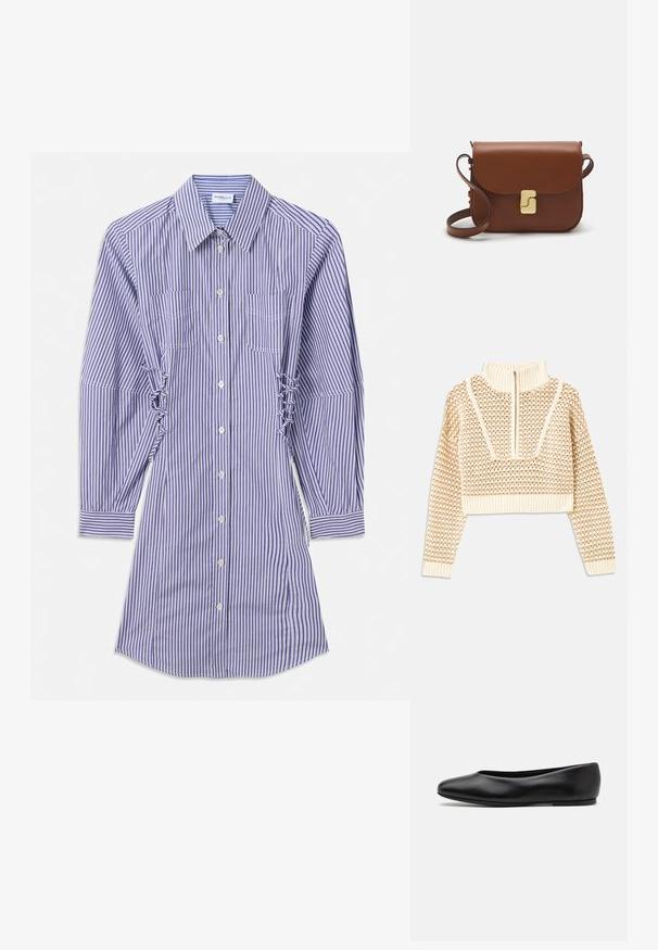 Világos bézs cropped pulóver, cipzáras álló gallérral, mely texturált mintával és bordás mandzsettával, valamint szegéllyel rendelkezik. A kötött és szőtt anyagok kombinációja.; Hosszú ujjú, kék és fehér függőleges csíkos ingruha gombos elülső résszel, mellzsebekkel és ráncolt oldali részletekkel.; Paul Smith TOPANGA - Balerina cipők - black; Barna bőr kézitáska, hajtókás zárással, arany színű fém kiegészítőkkel, vállpánttal és sima felülettel. Kompakt téglalap alakú.