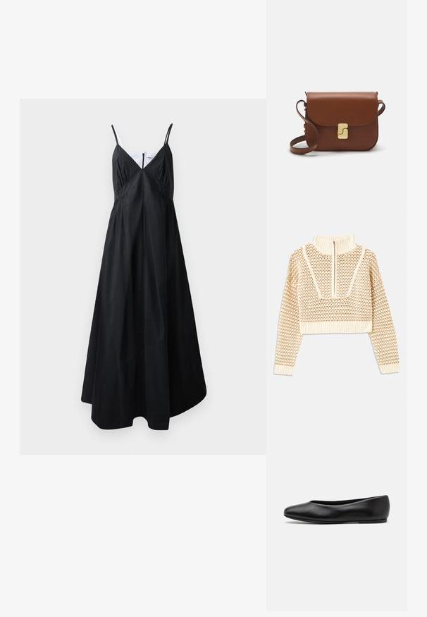 Svetilka svetlo bež barve s krajšim krojem in zadrgo na ovratniku, ki ima strukturiran vzorec ter rebraste manšete in spodnji rob. Združuje pletene in tkane materiale.; Črna maxi obleka iz lahkotnega materiala. Ima tanke naramnice, V-izrez, nabran zgornji del in ohlapno silhueto. Čista zasnova, brez vzorcev.; Paul Smith TOPANGA - Balerinke - black; Rjava usnjena torbica s poklopcem, zlato obarvani okovi, naramnica in gladka tekstura. Kompaktna pravokotna oblika.