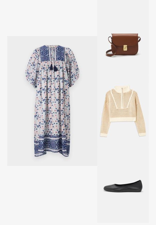 Svijetlo bež skraćeni džemper s rajsferšlusom i visokom ovratnikom, s teksturiranim uzorkom i rebrastim rukavima i rubom. Kombinira pletivo i tkaninu.; Cvećasta duga haljina s okruglim izrezom, nabranim rukavima i tamnoplavim detaljima. Ima teksturirani materijal s plavim i ružičastim cvjetnim uzorcima.; Crne kožne baletanke s zaobljenim vrhom, glatke teksture, minimalnim detaljima šavova i fleksibilnim dizajnom potplata.; Smeđa kožna torba s preklopom, zlatnim detaljima, remenom za nošenje preko ramena i glatkom teksturom. Kompaktni pravokutni oblik.