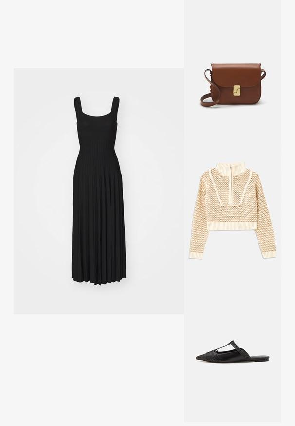 Sweater cropped de cor bege claro com gola alta com fecho, apresentando um padrão texturizado e mangas e bainha caneladas. Combina materiais tricotados e tecidos.; Vestido maxi pregueado preto com corpete ajustado, alças largas e saia fluida, feito de um tecido macio e elástico.; Sapatilha slingback em couro preto com bico pontudo, apresentando um detalhe trançado e um design superior plissado. Sola plana com hardware mínimo.; Bolsa de couro castanho com fecho de aba, decoração em tom dourado, alça de ombro e textura suave. Formato retangular compacto.
