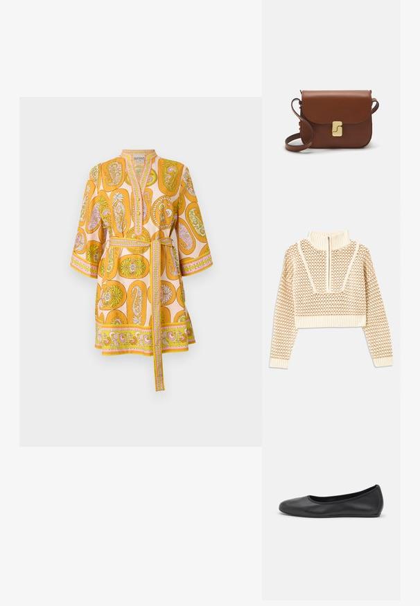 Pulover scurt de culoare bej deschis, cu guler tip mock cu fermoar, având un model texturat și manșete și tiv coagulate. Combină materiale tricotate și țesute.; Rochie tunică galbenă cu model, cu mâneci trei sferturi, decolteu în V și curea legată. Prezintă un design paisley cu accente roz și verzi.; Balerini din piele neagră, cu vârf rotund, textură netedă, detalii de cusătură minimale și un design al tălpii flexibil.; Geantă de piele maro cu închidere tip capac, accesorii de culoare aurie, curea de umăr și o textură netedă. Formă compactă și rectangulară.