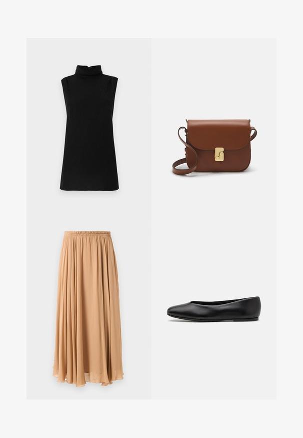 Light beige cropped sweater with a zippered mock neck, featuring a textured pattern and ribbed cuffs and hem. Combines knit and woven materials.; Black sleeveless top featuring a mock neck and a subtle textured pattern, made from soft fabric with a back zipper closure.; Maxi skirt in light beige, made of flowy fabric. Features a gathered elastic waistband and soft pleats for movement.; Paul Smith TOPANGA - Ballet pumps - black; Brown leather handbag with a flap closure, gold-tone hardware, a shoulder strap, and a smooth texture. Compact rectangular shape.