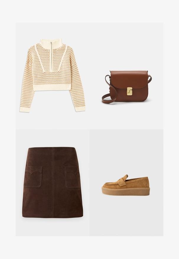 Pullover cropped beige chiaro con collo alto con zip, caratterizzato da un motivo testurizzato e polsini e orlo a coste. Combina materiali a maglia e tessuti.; Gonna in suede marrone con una classica forma a campana, due tasche frontali con alette arrotondate e dettagli di cucitura sottili.; Mocassino in suede marrone con punta rotonda, dotato di suola a piattaforma rigata e una fascia decorativa sulla parte superiore.; Borsa a tracolla in pelle marrone con chiusura a pattina, hardware color oro, tracolla e una finitura liscia. Forma rettangolare compatta.