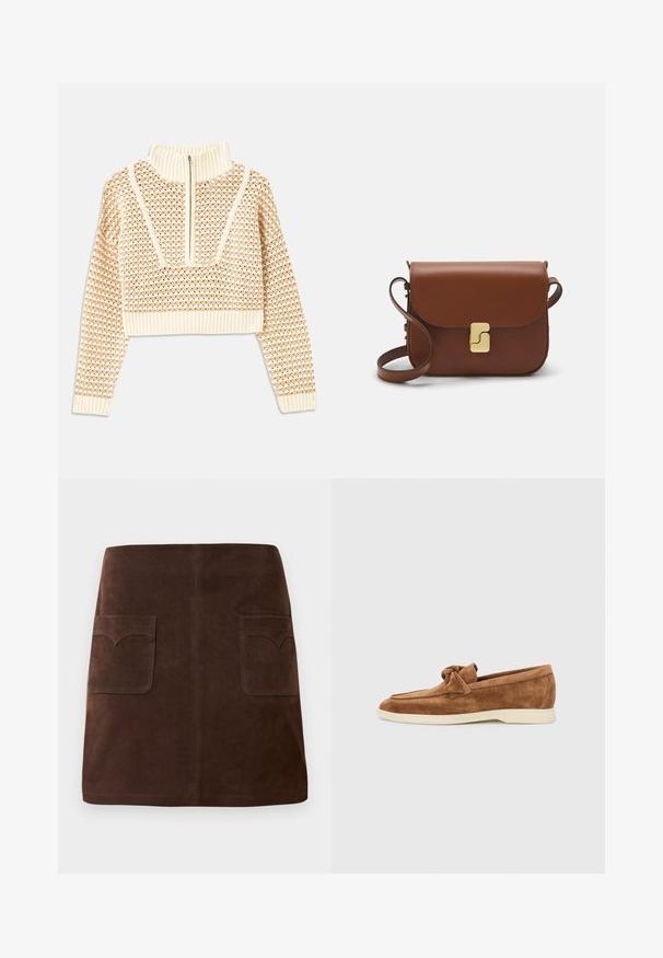Pull en beige clair court avec un col montant zippé, présentant un motif texturé et des poignets et un ourlet côtelés. Combine des matériaux tricotés et tissés.; Jupe en suède marron présentant une silhouette A-line classique, deux poches avant avec des rabats arrondis et des détails de couture discrets.; Mocassins en daim marron avec un accent de nœud noué, un design bas et une semelle en caoutchouc crème contrastante.; Sac à main en cuir marron avec une fermeture à rabat, des accents en métal doré, une bandoulière et une texture lisse. Forme rectangulaire compacte.