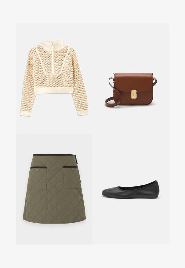 Lys beige cropped sweater med lynlås og høj hals, der har et struktureret mønster samt ribbede manchetter og nederste kant. Kombinerer strikkede og vævede materialer.; Quiltet nederdel i olivengrøn med en søm, der falder over knæet. Har to forlommer med mørkebrune detaljer og lynlås-lukning.; Sort læderballetsko med rund tå, glat tekstur, minimal syning og et fleksibelt såldesign.; Brun læder håndtaske med flaplukning, hardware i gyldent tone, en skulderrem og en glat overflade. Kompakt rektangulær form.