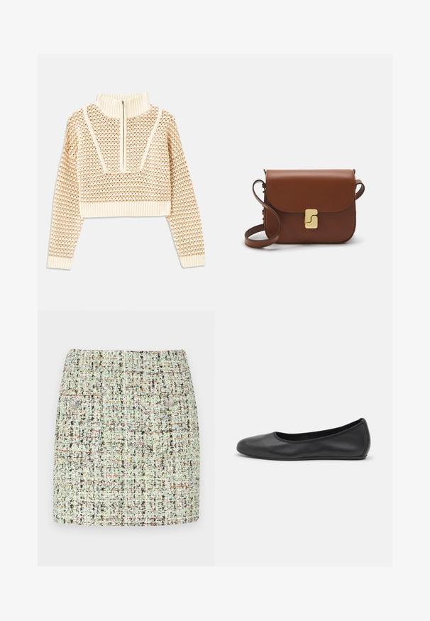 Vaalea beige lyhyt neulepusero, jossa on vetoketjukiinnitteinen korkea kaulus. Se esittelee teksturoidun kuosin ja ribbireunat hihoissa ja helmassaan. Yhdistelmä neulotusta ja kudotusta materiaalista.; Lyhyt tweed-hame vaaleanvihreänä, jossa on teksturoitu kangas, jossa on monivärisiä sävyjä, kaksi etutaskua ja hopeiset nappikoristukset.; Musta nahkainen ballerina, jossa on pyöristetty kärki, sileä pinta, minimaalinen ommelkoristelu ja joustava pohjamuotoilu.; Ruskea nahkainen käsilaukku, jossa on läppäkiinnitys, kultasävyiset yksityiskohdat, olkahihna ja sileä pinta. Kompaktin suorakaiteen muotoinen.