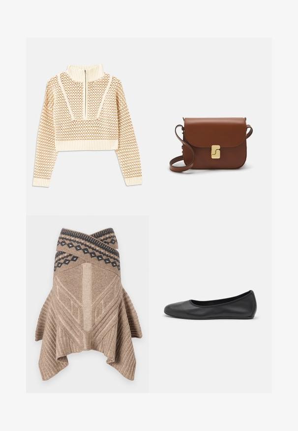 Světle béžový zkrácený svetr s doplňkovým zipem a imitací límce, zdobený texturovaným vzorem a pletenými manžetami a lemem. Kombinuje pletené a tkané materiály.; Béžový pletený pončo s ribkovanou texturou, geometrickým designem a kontrastním vzorovaným okrajem v tmavě modré barvě. Drapovaný, asymetrický lem.; Černé kožené baletní byty s kulatou špičkou, hladkou texturou, minimálními švy a flexibilním designem podrážky.; Hnědá kožená kabelka s klopou, zlatými kovovými detaily, ramenním popruhem a hladkým povrchem. Kompaktní obdélníkový tvar.