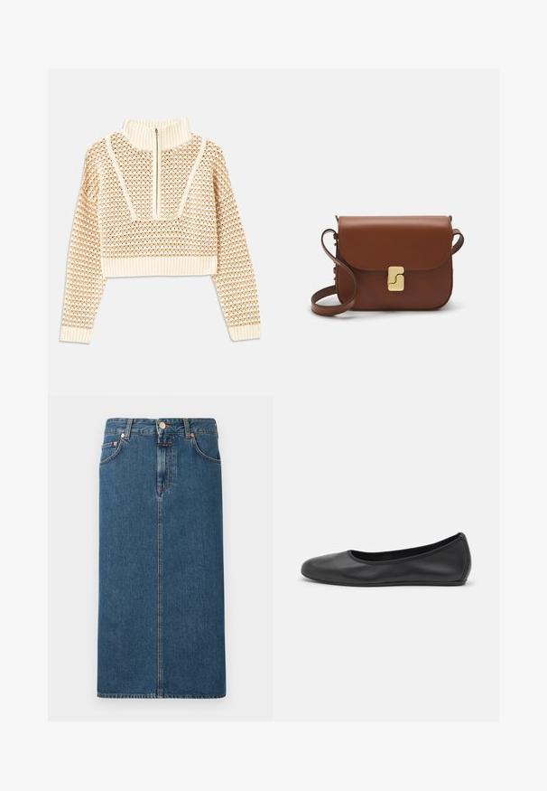 Pullover cropped beige chiaro con collo alto con zip, caratterizzato da un motivo testurizzato e polsini e orlo a coste. Combina materiali a maglia e tessuti.; Gonna midi in denim blu scuro con taglio dritto, tasche frontali e hardware in tonalità rame. Presenta cuciture lungo le cuciture e una chiusura con bottone.; Pantofole da balletto nere in pelle con punta arrotondata, texture liscia, dettagli di cucitura minimi e design con suola flessibile.; Borsa a tracolla in pelle marrone con chiusura a pattina, hardware color oro, tracolla e una finitura liscia. Forma rettangolare compatta.