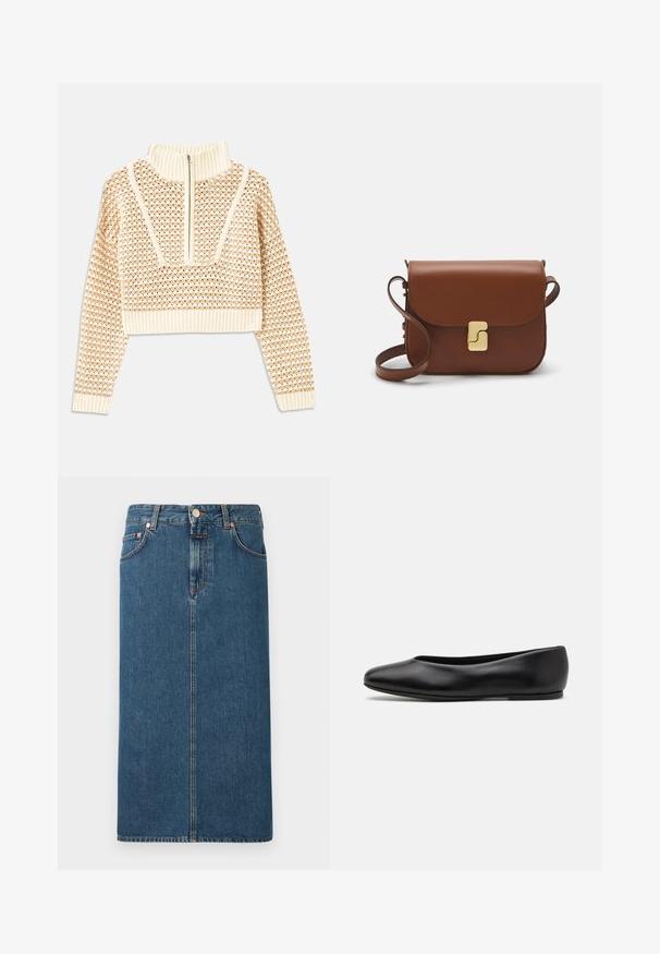 Light beige cropped sweater with a zippered mock neck, featuring a textured pattern and ribbed cuffs and hem. Combines knit and woven materials.; Denim midi skirt in dark blue with a straight cut, front pockets, and copper-tone hardware. Features stitching along seams and a button closure.; Paul Smith TOPANGA - Ballet pumps - black; Brown leather handbag with a flap closure, gold-tone hardware, a shoulder strap, and a smooth texture. Compact rectangular shape.