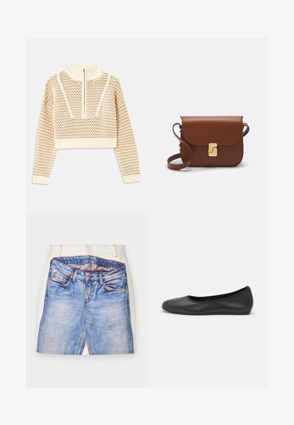 Pull en beige clair court avec un col montant zippé, présentant un motif texturé et des poignets et un ourlet côtelés. Combine des matériaux tricotés et tissés.; Conception d'une mini-jupe en denim avec un motif de jeans bleu imprimé, dotée d'une taille blanche, de coutures orange et de détails avec fentes latérales.; Ballerines en cuir noir avec un bout rond, texture lisse, détails de couture minimalistes et design de semelle flexible.; Sac à main en cuir marron avec une fermeture à rabat, des accents en métal doré, une bandoulière et une texture lisse. Forme rectangulaire compacte.