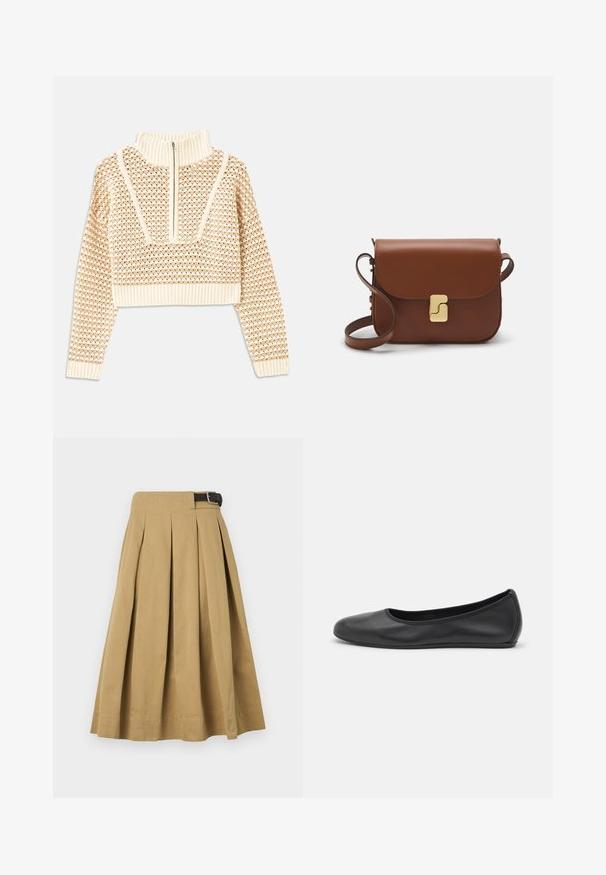 Gaišas bezgaismas īsais džemperis ar rāvējslēdzēju un stāvošu apkakli, ar faktūru rakstu un ribinātām piedurknēm un apakšmalu. Apvieno adītus un audumus.; Kaki krūšu svārki, kas izgatavoti no kokvilnas auduma, ar strukturētu jostu un tumšu jostu, garums zem ceļgaliem.; Melna ādas baleta kurpe ar noapaļotu purngalu, gludu tekstūru, minimālu šuvju detalizāciju un elastīgu zoles dizainu.; Bordo ādas rokas soma ar atloku, zeltītām detaļām, plecu siksnu un gludu virsmu. Kompakta, taisnstūrveida forma.