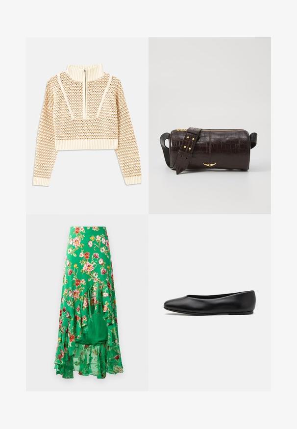 Svetilka svetlo bež barve s krajšim krojem in zadrgo na ovratniku, ki ima strukturiran vzorec ter rebraste manšete in spodnji rob. Združuje pletene in tkane materiale.; Cvečni maksi krilo iz lahkega blaga, z zeleno podlago in različnimi barvnimi cvetovi ter slojevitimi volančki na robu.; Paul Smith TOPANGA - Balerinke - black; Brah blaženka iz rjavega usnja z embosiranim krokodilom, cilindrične oblike, zlatih kovinskih elementov in odstranljivim pasom, ki vsebuje žebljičke.