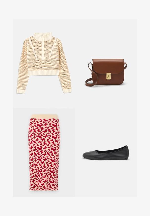 Licht beige cropped sweater met een ritskraag, voorzien van een textuurpatroon en geribde manchetten en onderrand. Combineert gebreide en geweven materialen.; Knie-lange kokerrok met een crèmekleurige achtergrond en een rood vlinderpatroon. Zachte stof met een getailleerde vorm en een elastische tailleband.; Zwarte leren ballerina met een ronde neus, gladde textuur, minimale stikdetails en een flexibele zoolontwerp.; Bruine leren handtas met een klep sluiting, gouden hardware, een schouderband en een gladde textuur. Compact rechthoekige vorm.