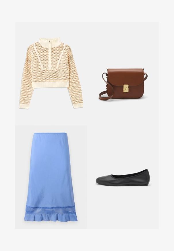 Lys beige cropped sweater med lynlås og høj hals, der har et struktureret mønster samt ribbede manchetter og nederste kant. Kombinerer strikkede og vævede materialer.; Lyseblå knælang nederdel lavet af glat stof, med en flæset kant og et mesh-detalje nær bunden. Enkel pull-on design.; Sort læderballetsko med rund tå, glat tekstur, minimal syning og et fleksibelt såldesign.; Brun læder håndtaske med flaplukning, hardware i gyldent tone, en skulderrem og en glat overflade. Kompakt rektangulær form.