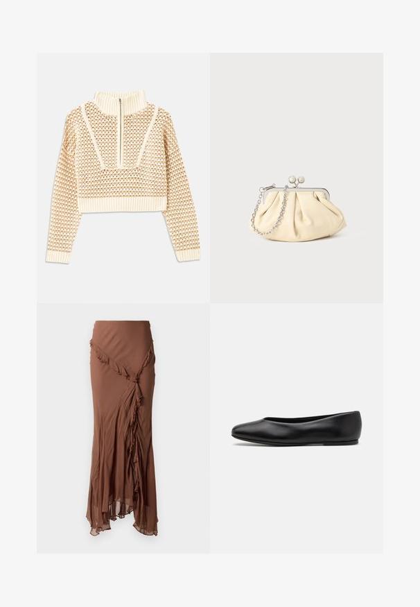 Light beige cropped sweater with a zippered mock neck, featuring a textured pattern and ribbed cuffs and hem. Combines knit and woven materials.; Brown, long skirt made of lightweight fabric. Features a ruffled design along the asymmetrical hem and a flowing silhouette.; Paul Smith TOPANGA - Ballet pumps - black; Pleated beige leather clutch with a silver metal frame, featuring two round decorative clasps and a silver chain strap.