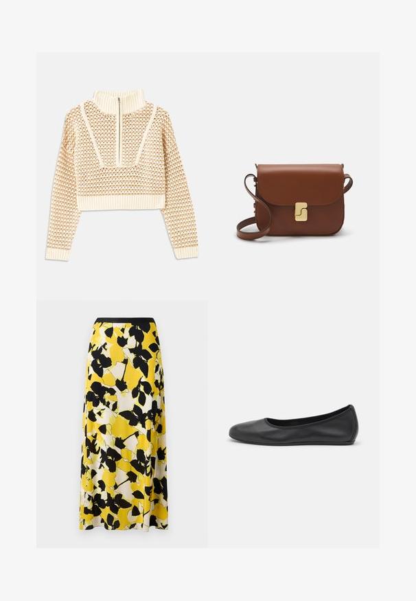 Light beige cropped sweater with a zippered mock neck, featuring a textured pattern and ribbed cuffs and hem. Combines knit and woven materials.; Yellow floral skirt featuring black and white leaf patterns, flowing fabric, and a fitted black waistband. A-line silhouette.; Black leather ballet flat with a rounded toe, smooth texture, minimal stitching detail, and a flexible sole design.; Brown leather handbag with a flap closure, gold-tone hardware, a shoulder strap, and a smooth texture. Compact rectangular shape.