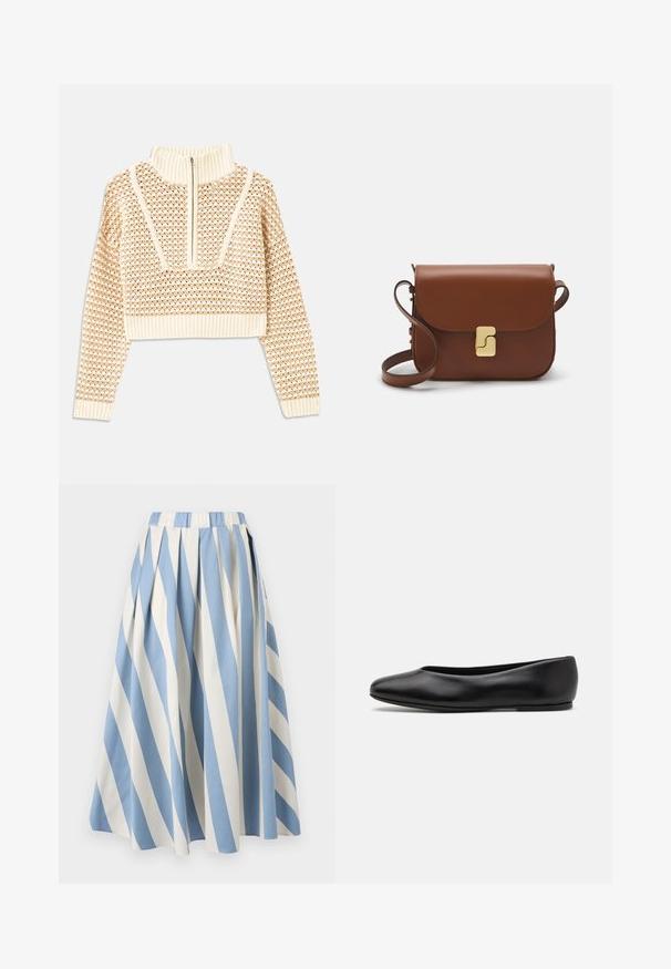 Suéter corto de un beige claro con cuello tipo chimenea con cremallera, que presenta un patrón texturizado y puños y dobladillo acanalados. Combina materiales de punto y tejido.; Falda plisada con rayas diagonales en azul claro y crema alternas. Cuenta con una cinturilla elástica y una textura de tela de algodón suave.; Paul Smith TOPANGA - Bailarinas - black; Bolso de mano de cuero marrón con cierre de solapa, herrajes en tono dorado, correa para el hombro y una textura suave. Forma rectangular compacta.