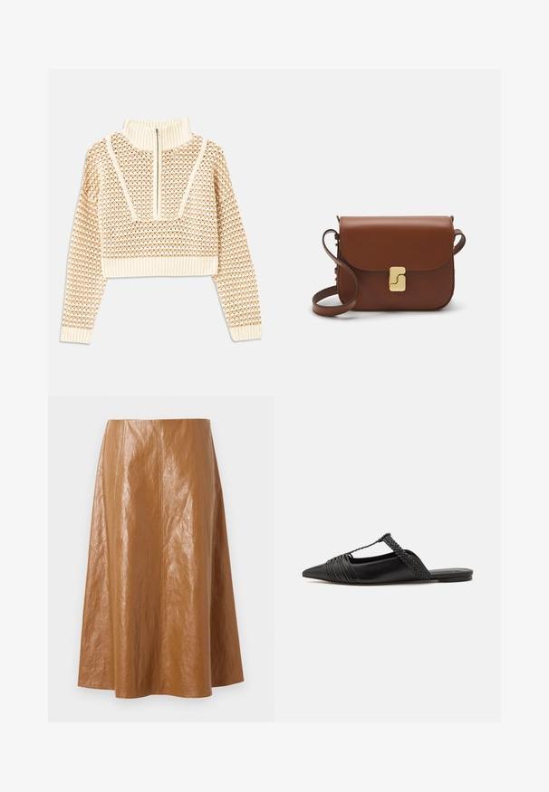 Světle béžový zkrácený svetr s doplňkovým zipem a imitací límce, zdobený texturovaným vzorem a pletenými manžetami a lemem. Kombinuje pletené a tkané materiály.; Hnědá kožená midi sukně s hladkou, lesklou texturou, zdobená vertikálními švy a rozšířeným střihem, končící těsně pod kolenem.; Černé kožené slingback boty se špičatou špičkou, s tkaným akcentem a plisovaným designem svršku. Plochá podešev s minimálním kovovým zapínáním.; Hnědá kožená kabelka s klopou, zlatými kovovými detaily, ramenním popruhem a hladkým povrchem. Kompaktní obdélníkový tvar.