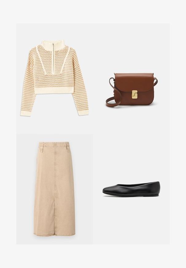 Lys beige cropped sweater med lynlås og høj hals, der har et struktureret mønster samt ribbede manchetter og nederste kant. Kombinerer strikkede og vævede materialer.; Beige denimskirt med længde til midt på læggen, med en oprevet kant, to sidelommer og syninger på taljebåndet.; Paul Smith TOPANGA - Ballerinasko - black; Brun læder håndtaske med flaplukning, hardware i gyldent tone, en skulderrem og en glat overflade. Kompakt rektangulær form.