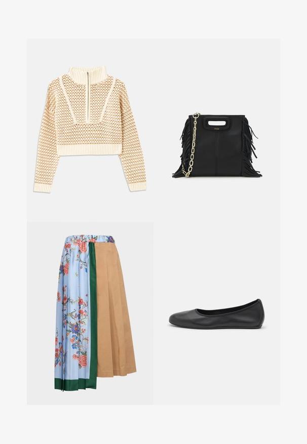 Light beige cropped sweater with a zippered mock neck, featuring a textured pattern and ribbed cuffs and hem. Combines knit and woven materials.; Weekend Max Mara OPEROSO - A-line skirt - beige; Black leather ballet flat with a rounded toe, smooth texture, minimal stitching detail, and a flexible sole design.; Black leather handbag with fringe details, gold chain shoulder strap, and a cut-out handle. Features logo placement on the front.