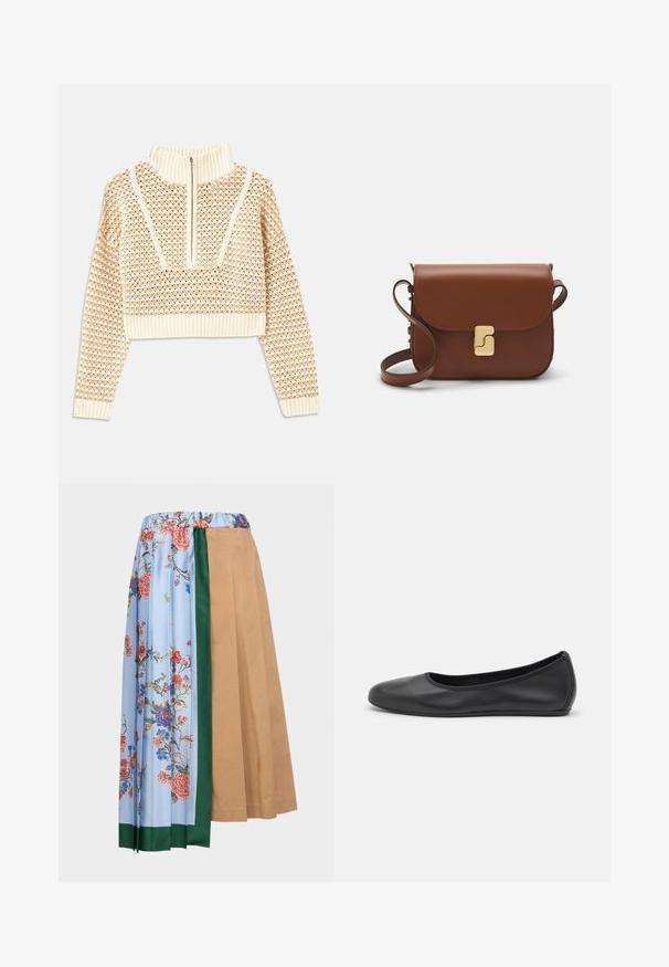 Light beige cropped sweater with a zippered mock neck, featuring a textured pattern and ribbed cuffs and hem. Combines knit and woven materials.; Weekend Max Mara OPEROSO - A-line skirt - beige; Black leather ballet flat with a rounded toe, smooth texture, minimal stitching detail, and a flexible sole design.; Brown leather handbag with a flap closure, gold-tone hardware, a shoulder strap, and a smooth texture. Compact rectangular shape.