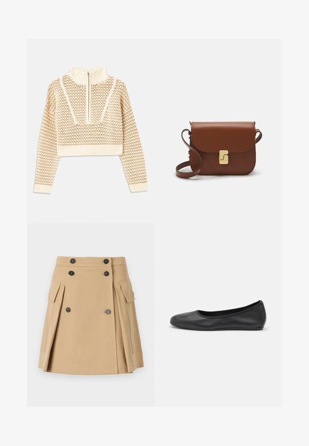 Šviesiai kreminis sutrumpintas megztinis su užtrauktuku ir apykakle, turintis tekstūruotą raštą bei gaubtus ir apykaklę su banguotais kraštais. Sujungia megztą ir audinį.; Weekend Max Mara ZEBIO - Mini sijonas - beige; Juodai odiniai baletai su apvaliu pirštu, lygi texture, minimalus siuvimo detales ir lanksčiu padų dizainu.; Ruda odinė rankinė su uždaromu dangteliu, aukso spalvos detalėmis, petneša ir lygiu paviršiumi. Kompaktiška stačiakampio formos.