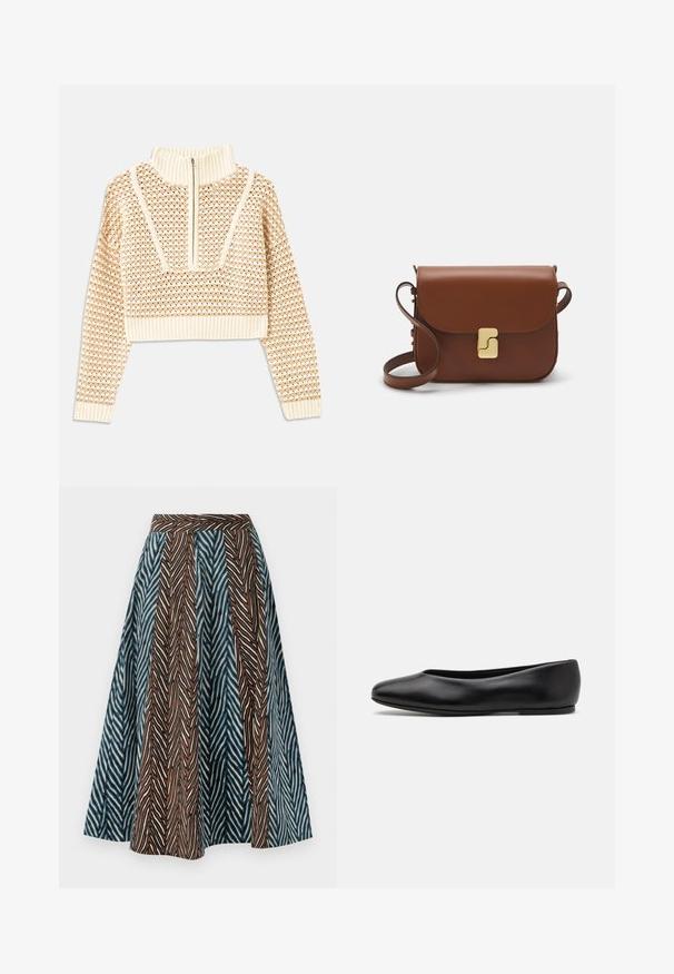 Licht beige cropped sweater met een ritskraag, voorzien van een textuurpatroon en geribde manchetten en onderrand. Combineert gebreide en geweven materialen.; Bruine en blauwe midi rok met een zigzagpatroon, geplooid ontwerp en een aansluitende tailleband. Gemaakt van lichtgewicht stof.; Paul Smith TOPANGA - Ballerina's - black; Bruine leren handtas met een klep sluiting, gouden hardware, een schouderband en een gladde textuur. Compact rechthoekige vorm.