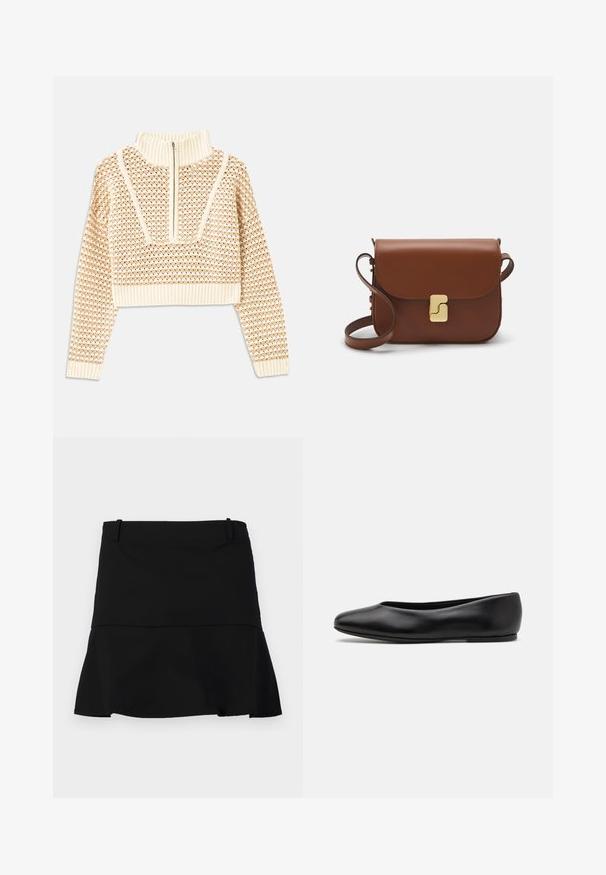 Pullover cropped beige chiaro con collo alto con zip, caratterizzato da un motivo testurizzato e polsini e orlo a coste. Combina materiali a maglia e tessuti.; Gonna nera corta con leggere svasature all'orlo e passanti per la cintura sul bordo vita, su uno sfondo bianco.; Paul Smith TOPANGA - Ballerine - black; Borsa a tracolla in pelle marrone con chiusura a pattina, hardware color oro, tracolla e una finitura liscia. Forma rettangolare compatta.