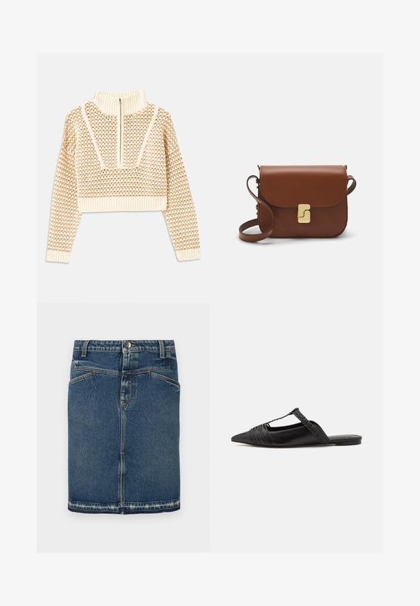 Ljusbeige kortad tröja med dragkedja i mock neck, med ett strukturerat mönster samt ribbade mudd och nederkant. Kombinerar stickade och vävda material.; Denimkjol med en klassisk blåtvätt, fem fickor och fransad fåll. Stängs med en knapp och dragkedja fram.; Svart läderslingback-sko med spetsig tå, med en vävd detalj och plisserad överdel. Platt sula med minimal hårdvara.; Brun läderhandväska med klaffstängning, guldfärgad hårdvara, axelrem och en slät yta. Kompakt rektangulär form.