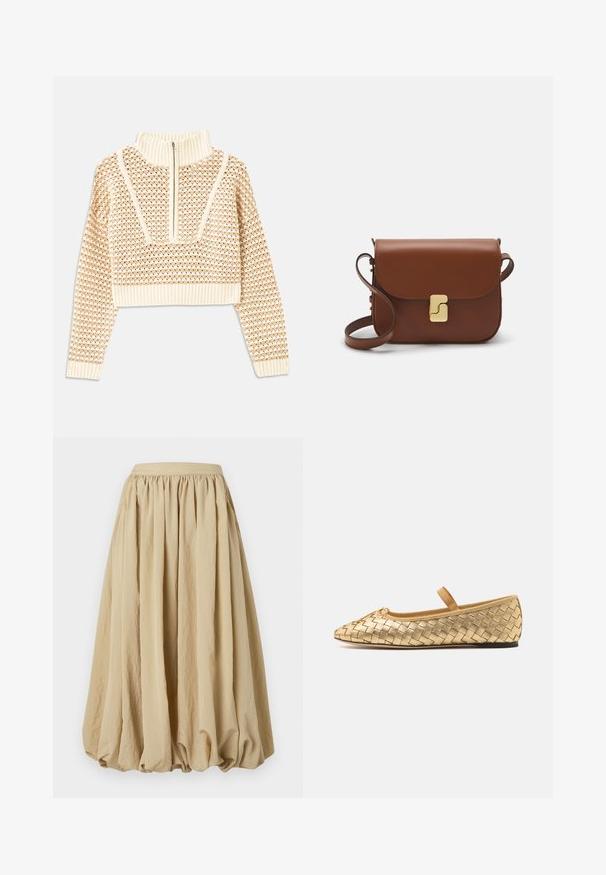 Light beige cropped sweater with a zippered mock neck, featuring a textured pattern and ribbed cuffs and hem. Combines knit and woven materials.; Beige midi skirt with gathered waistband, flowing fabric, and voluminous shape, featuring a textured surface and subtle crease details.; Loeffler Randall LEONIE SOFT BALLET FLAT - Ankle strap ballet pumps - gold; Brown leather handbag with a flap closure, gold-tone hardware, a shoulder strap, and a smooth texture. Compact rectangular shape.