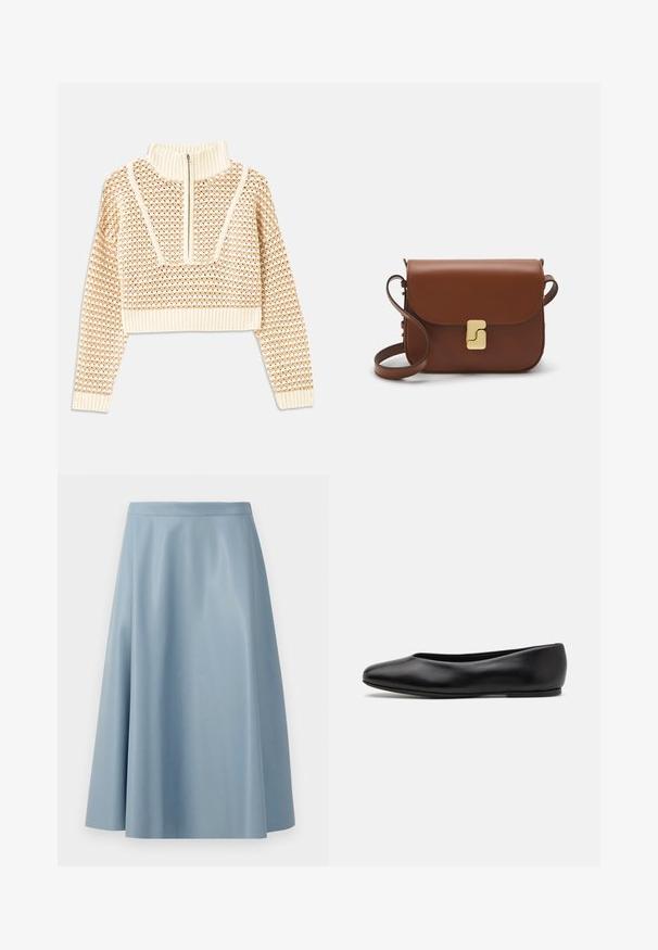 Licht beige cropped sweater met een ritskraag, voorzien van een textuurpatroon en geribde manchetten en onderrand. Combineert gebreide en geweven materialen.; Een lichtblauwe, uitlopende rok van een soepele stof, met een minimalistisch ontwerp, een strakke taille en zonder zichtbare sluitingen.; Paul Smith TOPANGA - Ballerina's - black; Bruine leren handtas met een klep sluiting, gouden hardware, een schouderband en een gladde textuur. Compact rechthoekige vorm.