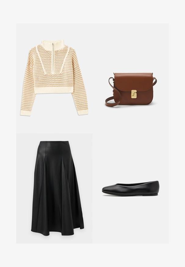 Light beige cropped sweater with a zippered mock neck, featuring a textured pattern and ribbed cuffs and hem. Combines knit and woven materials.; Black leather skirt featuring pleats, a smooth texture, mid-length design, and a fitted waistline. Minimalist style with no visible hardware.; Paul Smith TOPANGA - Ballet pumps - black; Brown leather handbag with a flap closure, gold-tone hardware, a shoulder strap, and a smooth texture. Compact rectangular shape.