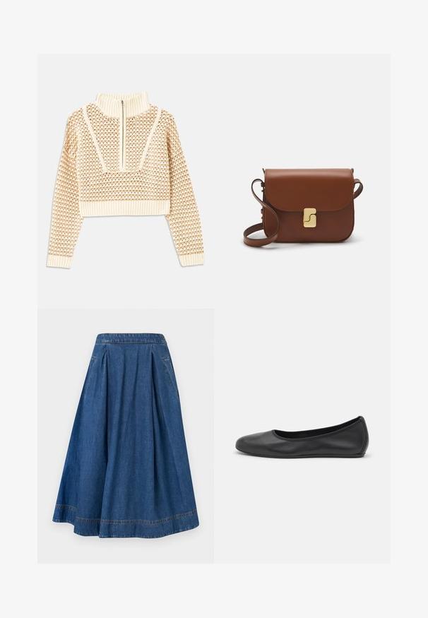 Helles, beigefarbenes, kurzes Sweatshirt mit einem Reißverschlusskragen, das ein strukturiertes Muster sowie gerippte Bündchen und Saum aufweist. Kombiniert Strick- und Webmaterialien.; Jeansrock mit ausgestelltem Design, tiefblauer Farbe und Falten. Verfügt über einen Bund und seitliche Taschen mit kontrastierendem Nähdetail.; Schwarze Leder-Ballettschuhe mit abgerundeter Spitze, glatter Textur, minimalen Nähdetails und einem flexiblen Sohlen-Design.; Braune Ledertasche mit Klappenverschluss, Beschlägen in Goldfarbe, einem Schultergurt und einer glatten Oberfläche. Kompakte rechteckige Form.