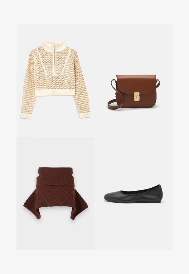 Light beige cropped sweater with a zippered mock neck, featuring a textured pattern and ribbed cuffs and hem. Combines knit and woven materials.; Brown knit sweater featuring ribbed texture, structured shoulders, and a high collar. The design incorporates geometric patterns and drop sleeves.; Black leather ballet flat with a rounded toe, smooth texture, minimal stitching detail, and a flexible sole design.; Brown leather handbag with a flap closure, gold-tone hardware, a shoulder strap, and a smooth texture. Compact rectangular shape.