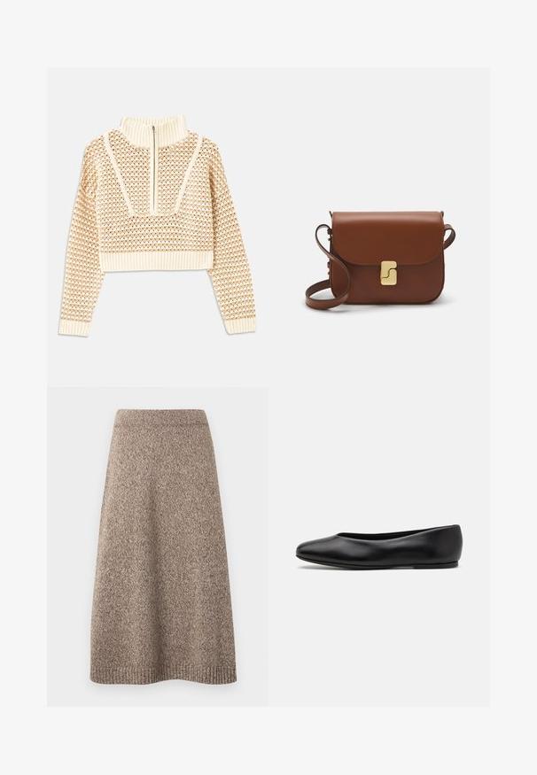 Licht beige cropped sweater met een ritskraag, voorzien van een textuurpatroon en geribde manchetten en onderrand. Combineert gebreide en geweven materialen.; Gebreide rok in een warme bruine tint met een textuurpatroon, passende tailleband en een uitlopende silhouet, met ribgebreide accenten aan de zoom.; Paul Smith TOPANGA - Ballerina's - black; Bruine leren handtas met een klep sluiting, gouden hardware, een schouderband en een gladde textuur. Compact rechthoekige vorm.