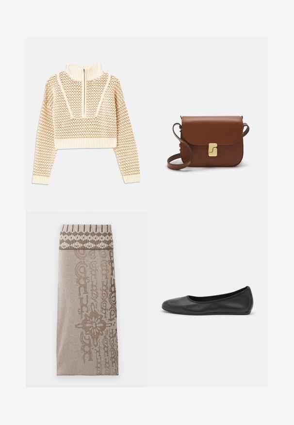 Light beige cropped sweater with a zippered mock neck, featuring a textured pattern and ribbed cuffs and hem. Combines knit and woven materials.; Knit skirt in light brown featuring a patterned waistband and textured body with a subtle stripe design and decorative elements.; Black leather ballet flat with a rounded toe, smooth texture, minimal stitching detail, and a flexible sole design.; Brown leather handbag with a flap closure, gold-tone hardware, a shoulder strap, and a smooth texture. Compact rectangular shape.