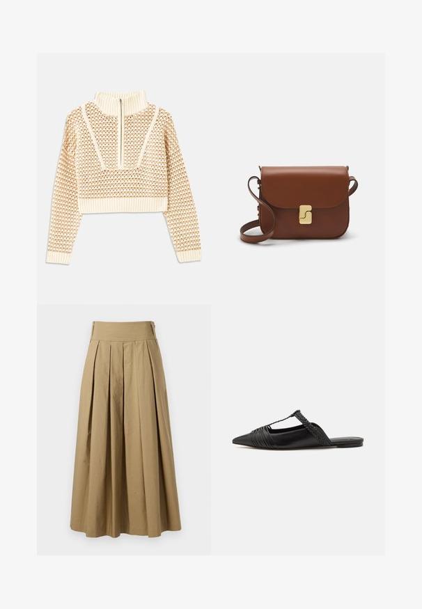 Pullover cropped beige chiaro con collo alto con zip, caratterizzato da un motivo testurizzato e polsini e orlo a coste. Combina materiali a maglia e tessuti.; Gonna plissettata color khaki con vita alta, realizzata in cotone. Presenta un design fluido e orlo rifinito con dettagli di cucitura sottili.; Scarpa slingback in pelle nera con punta appuntita, con un dettaglio intrecciato e un design superiore plissettato. Suola piatta con hardware minimale.; Borsa a tracolla in pelle marrone con chiusura a pattina, hardware color oro, tracolla e una finitura liscia. Forma rettangolare compatta.