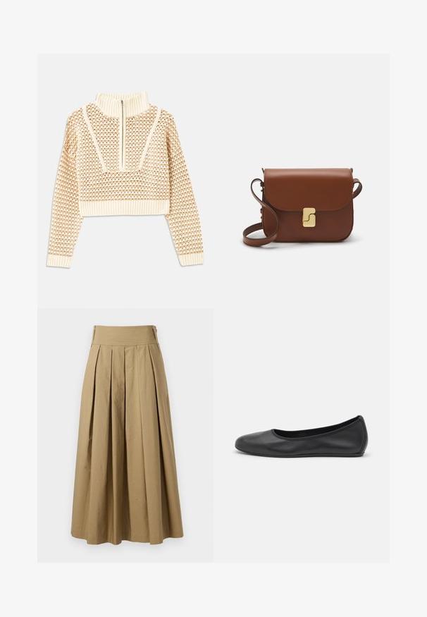 Light beige cropped sweater with a zippered mock neck, featuring a textured pattern and ribbed cuffs and hem. Combines knit and woven materials.; Khaki pleated skirt with a high waistband, made of cotton. Features a flowy design and hem finishes with subtle stitching details.; Black leather ballet flat with a rounded toe, smooth texture, minimal stitching detail, and a flexible sole design.; Brown leather handbag with a flap closure, gold-tone hardware, a shoulder strap, and a smooth texture. Compact rectangular shape.