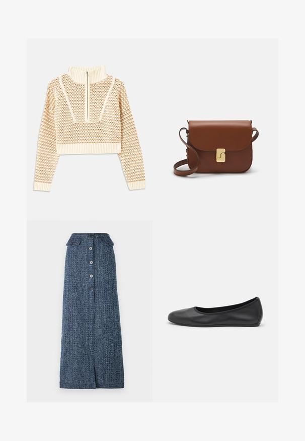 Gaišas bezgaismas īsais džemperis ar rāvējslēdzēju un stāvošu apkakli, ar faktūru rakstu un ribinātām piedurknēm un apakšmalu. Apvieno adītus un audumus.; Tumši zils džinsu garais svārks ar teksturētu apdari, ar pogu priekšā, divām kabatām ar atloku un nelielu priekšējo šķēlumu.; Melna ādas baleta kurpe ar noapaļotu purngalu, gludu tekstūru, minimālu šuvju detalizāciju un elastīgu zoles dizainu.; Bordo ādas rokas soma ar atloku, zeltītām detaļām, plecu siksnu un gludu virsmu. Kompakta, taisnstūrveida forma.