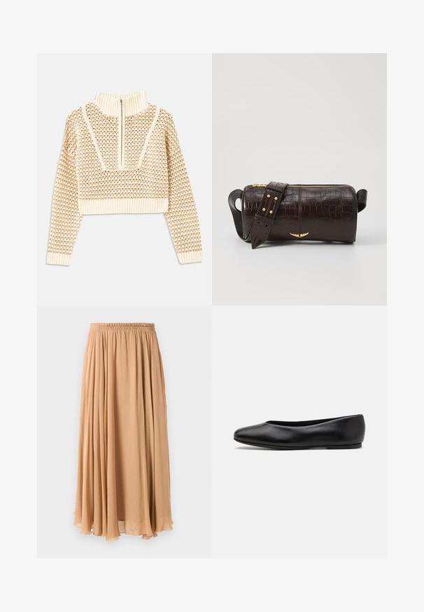 Pulover scurt de culoare bej deschis, cu guler tip mock cu fermoar, având un model texturat și manșete și tiv coagulate. Combină materiale tricotate și țesute.; Fustă maxi de culoare bej deschis, realizată dintr-un material fluid. Are un tiv elastic adunat și pliuri delicate pentru libertatea de mișcare.; Paul Smith TOPANGA - Balerini - black; Geantă din piele căptușită cu un model de crocodil de culoare maro, cu o formă cilindrică, accesorii de culoare aurie și un curea detasabilă cu tăieturi.