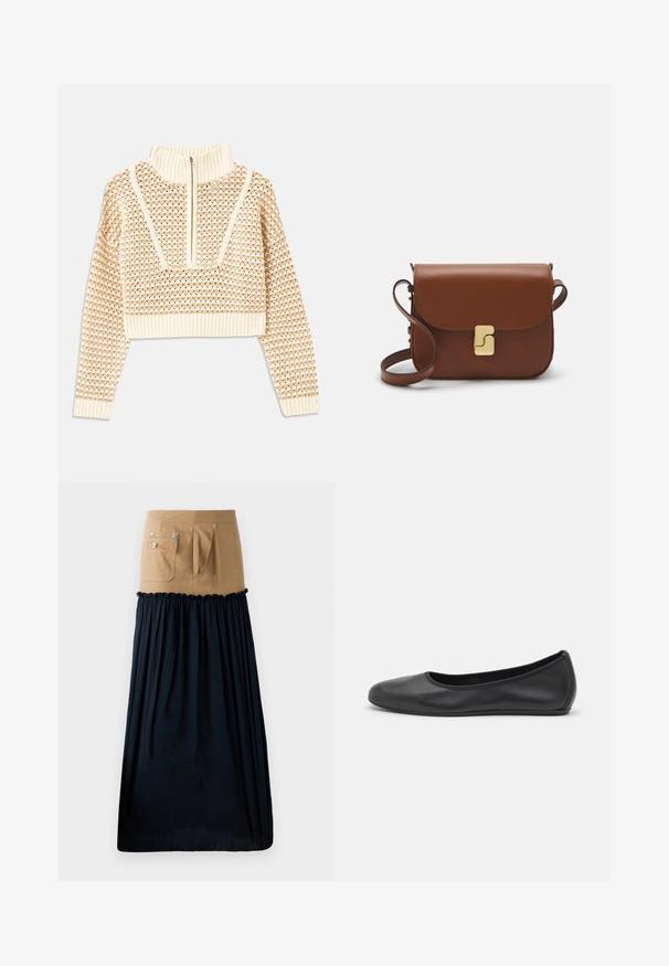 Világos bézs cropped pulóver, cipzáras álló gallérral, mely texturált mintával és bordás mandzsettával, valamint szegéllyel rendelkezik. A kötött és szőtt anyagok kombinációja.; Nadrág hosszú, sötétkék crepe fodros részletekkel; zsebekkel és ezüst színű fémalkatrészekkel rendelkezik; a merev felsőt egy laza alsó résszel kombinálja.; Fekete bőr balettcipő lekerekített orral, sima tekstúrával, minimális varrással és rugalmas talp kialakítással.; Barna bőr kézitáska, hajtókás zárással, arany színű fém kiegészítőkkel, vállpánttal és sima felülettel. Kompakt téglalap alakú.