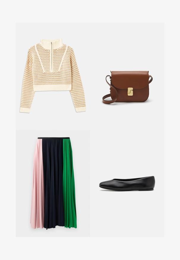 Vaalea beige lyhyt neulepusero, jossa on vetoketjukiinnitteinen korkea kaulus. Se esittelee teksturoidun kuosin ja ribbireunat hihoissa ja helmassaan. Yhdistelmä neulotusta ja kudotusta materiaalista.; Pleidiruutu hame, jossa on paneelit vaaleanpunaisessa, laivastonsinisessä ja vihreässä. Valmistettu pehmeästä kankaasta ja siinä on joustava vyötärö mukavan istuvuuden takaamiseksi.; Paul Smith TOPANGA - Ballerinat - black; Ruskea nahkainen käsilaukku, jossa on läppäkiinnitys, kultasävyiset yksityiskohdat, olkahihna ja sileä pinta. Kompaktin suorakaiteen muotoinen.