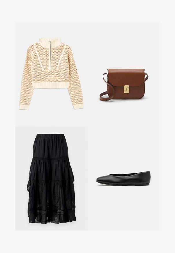 Vaalea beige lyhyt neulepusero, jossa on vetoketjukiinnitteinen korkea kaulus. Se esittelee teksturoidun kuosin ja ribbireunat hihoissa ja helmassaan. Yhdistelmä neulotusta ja kudotusta materiaalista.; Musta kerroksellinen hame, jossa on elastinen vyötärö, valmistettu kevyestä kankaasta. Täydennetty pitsikoristeilla ja virtaviivaisella siluetilla. Sisältää teksturoituja paneeleita.; Paul Smith TOPANGA - Ballerinat - black; Ruskea nahkainen käsilaukku, jossa on läppäkiinnitys, kultasävyiset yksityiskohdat, olkahihna ja sileä pinta. Kompaktin suorakaiteen muotoinen.