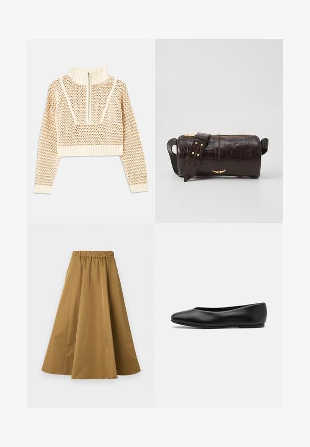 Light beige cropped sweater with a zippered mock neck, featuring a textured pattern and ribbed cuffs and hem. Combines knit and woven materials.; Brown, ankle-length skirt made of smooth cotton, featuring an elastic waistband for comfort and subtle pleats for volume.; Paul Smith TOPANGA - Ballet pumps - black; Brown crocodile-embossed leather bag with a cylindrical shape, gold-tone hardware, and a detachable strap featuring studs.